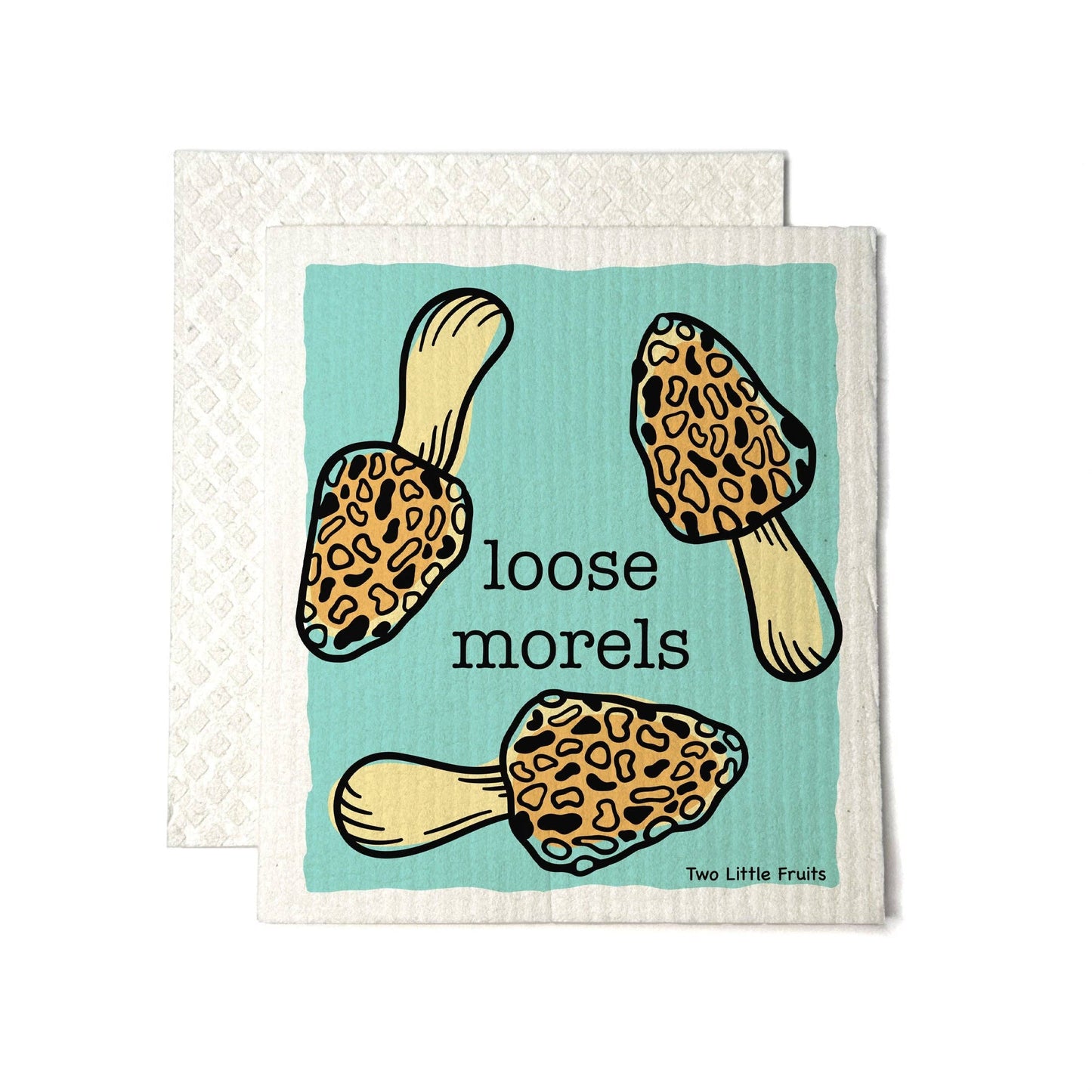 Dishtowel with mushroom design and text "Loose Morels" on a white background