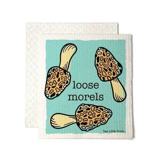 Dishtowel with mushroom design and text "Loose Morels" on a white background