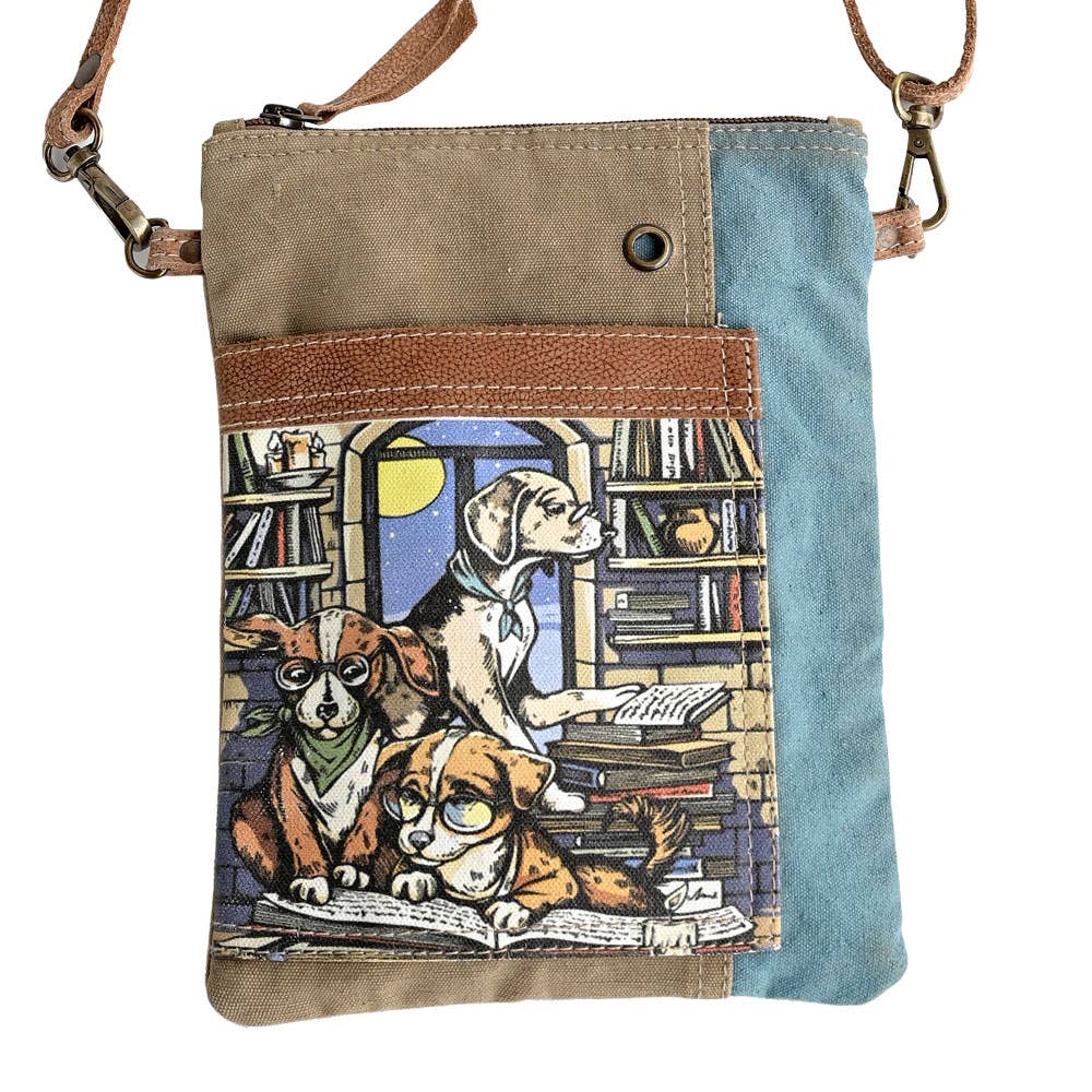 Crossbody bag with dogs reading books illustration on a white background