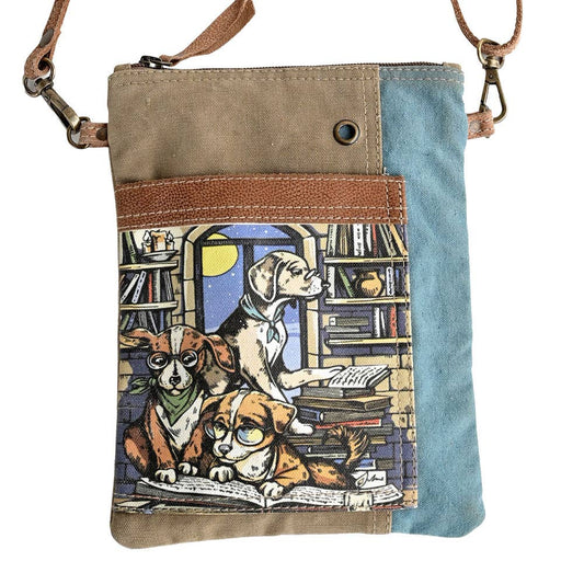 Crossbody bag with dogs reading books illustration on a white background