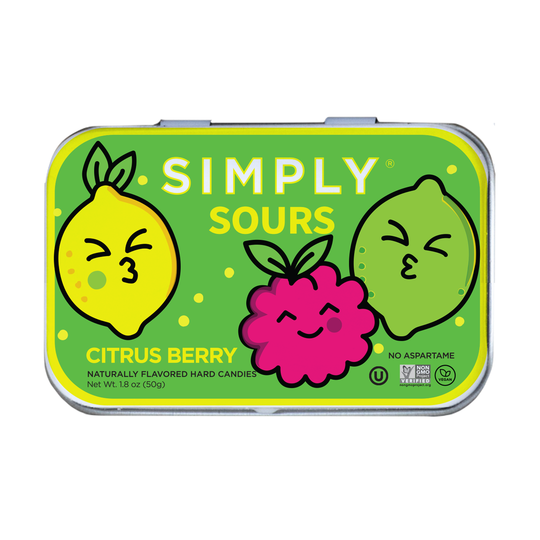 Simply Sours Citrus Berry candy tin with cartoon lemon, raspberry, and lime on a green background