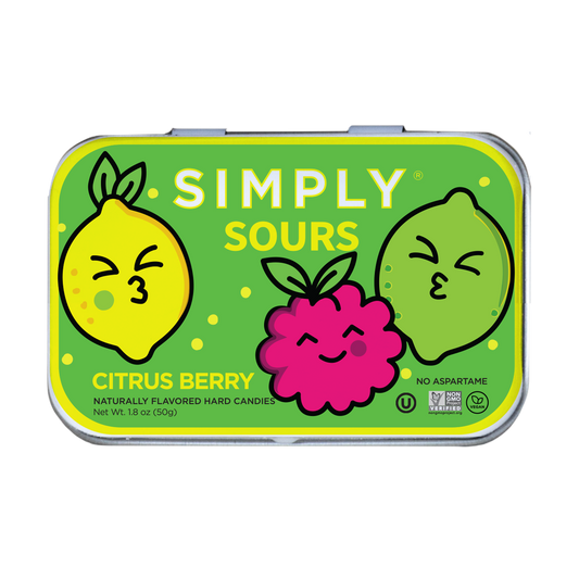 Simply Sours Citrus Berry candy tin with cartoon lemon, raspberry, and lime on a green background