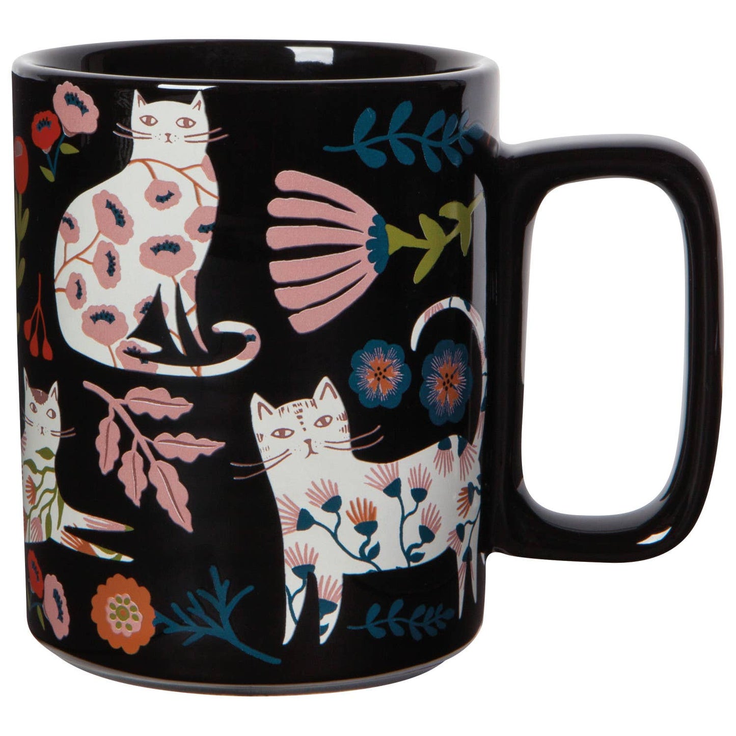 Black mug with cat and floral design on a white background