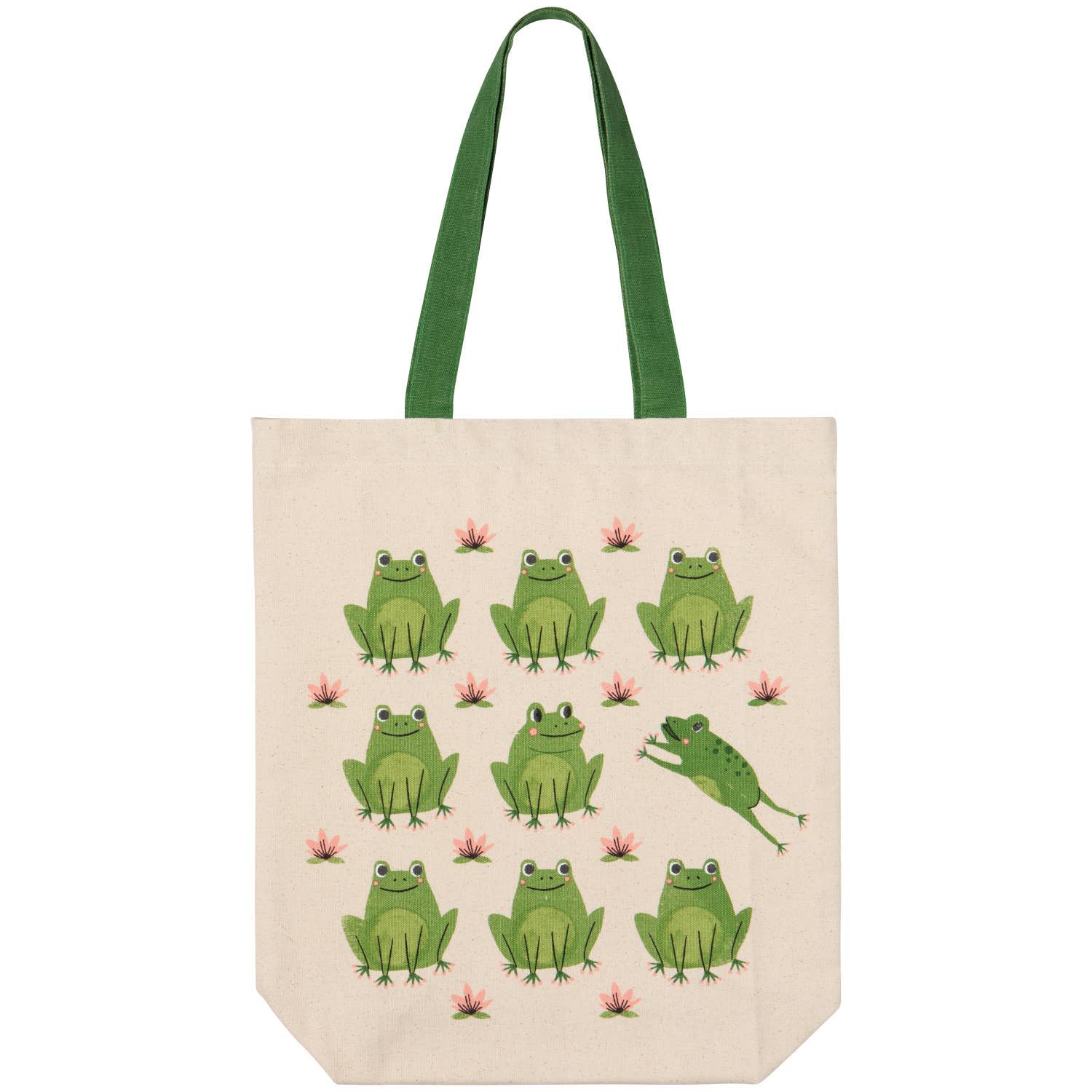 Tote bag with green frog pattern on a beige background