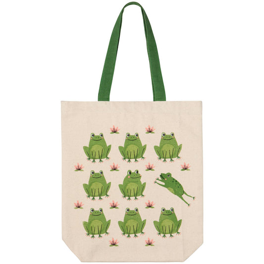 Tote bag with green frog pattern on a beige background