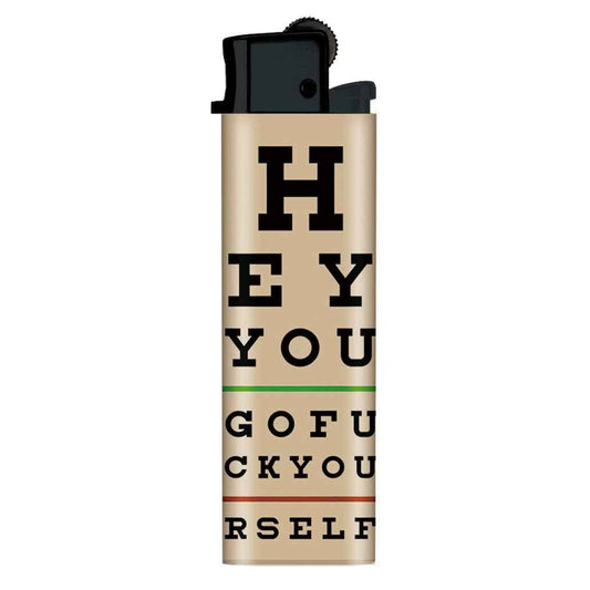 Lighter with printed text on a white background