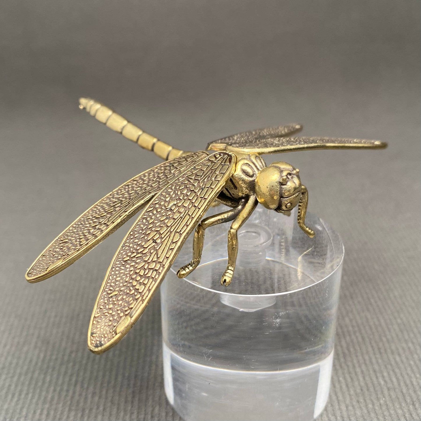 Brass dragonfly figurine on a clear stand against a gray background