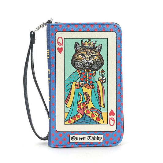 Wristlet wallet with a cat-themed queen of hearts playing card design on a white background