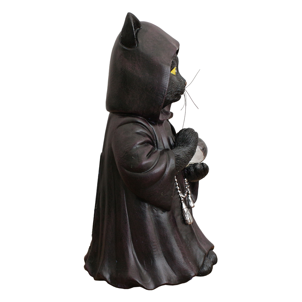 Ominious Black Cat Wizard Figurine, 7" Solar Light