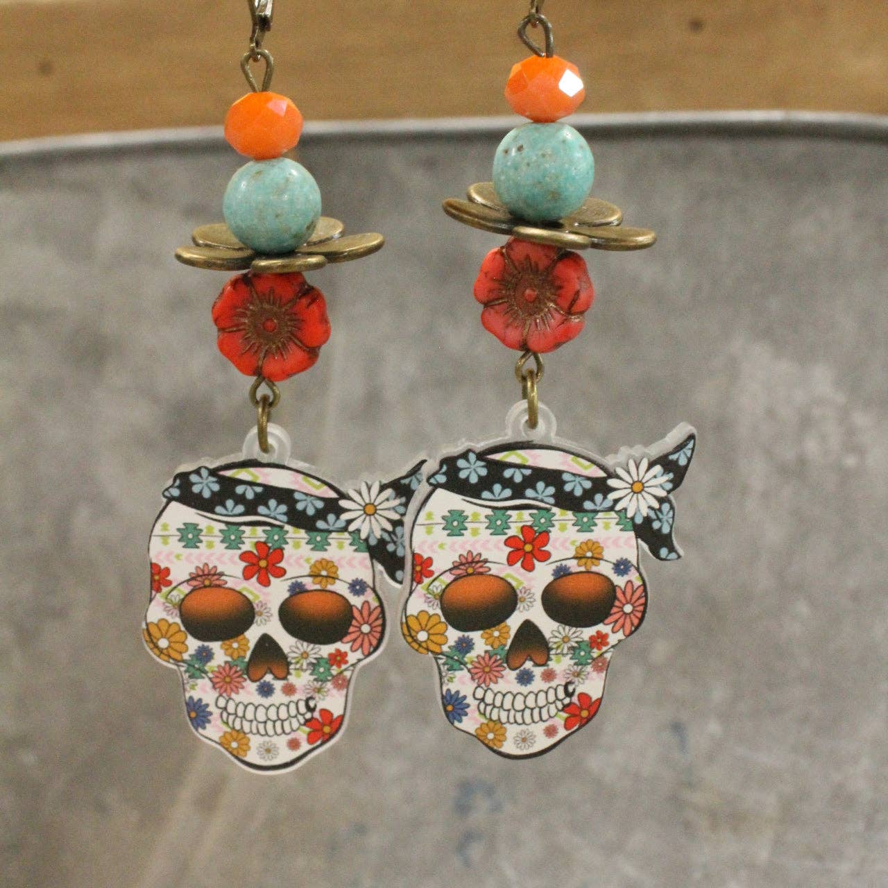 Skulls & Daisies Dangle Drop Earrings