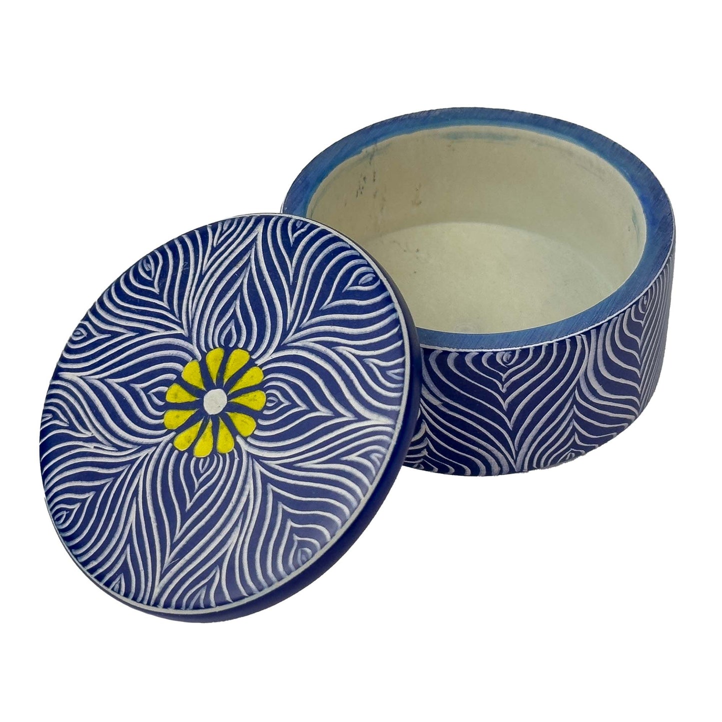 Soapstone Blue Round Container with Yellow Flower Accent