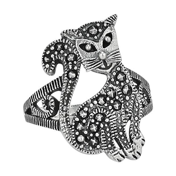 Silver cat-shaped ring with detailed design on a white background