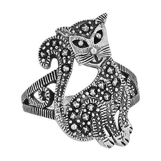 Silver cat-shaped ring with detailed design on a white background
