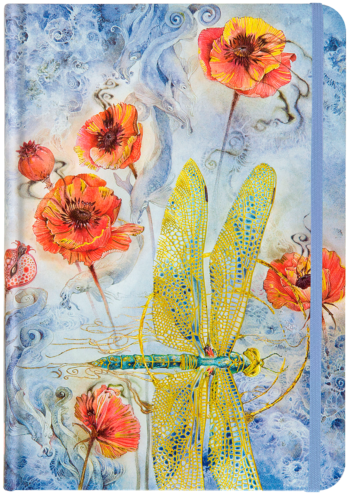 Notebook cover with a dragonfly and floral design on a blue background