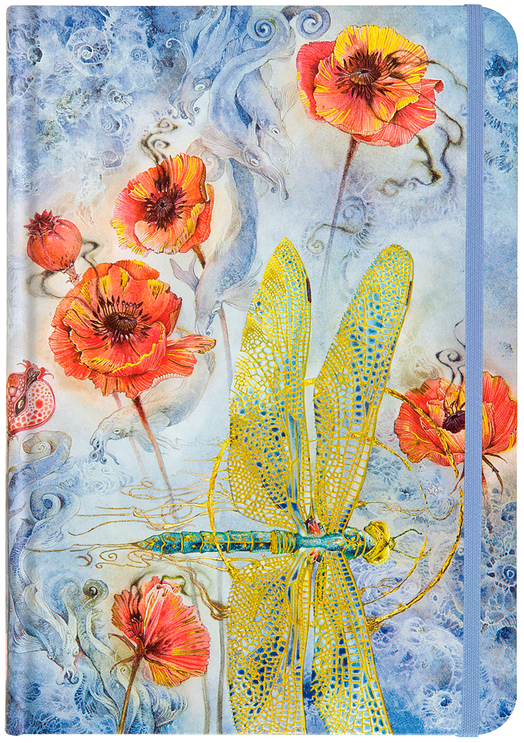 Notebook cover with a dragonfly and floral design on a blue background