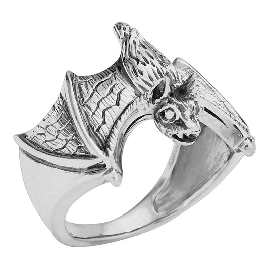 Sterling Silver ring with a detailed bat design on a white background
