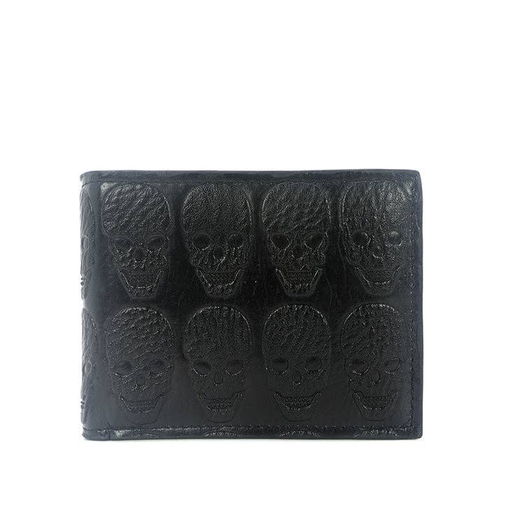 Black wallet with embossed skull designs on a white background