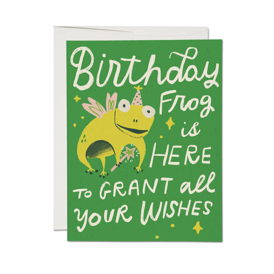 Birthday card with a green frog illustration and text ' Birthday Frog is here to grant all your wishes' on a white background