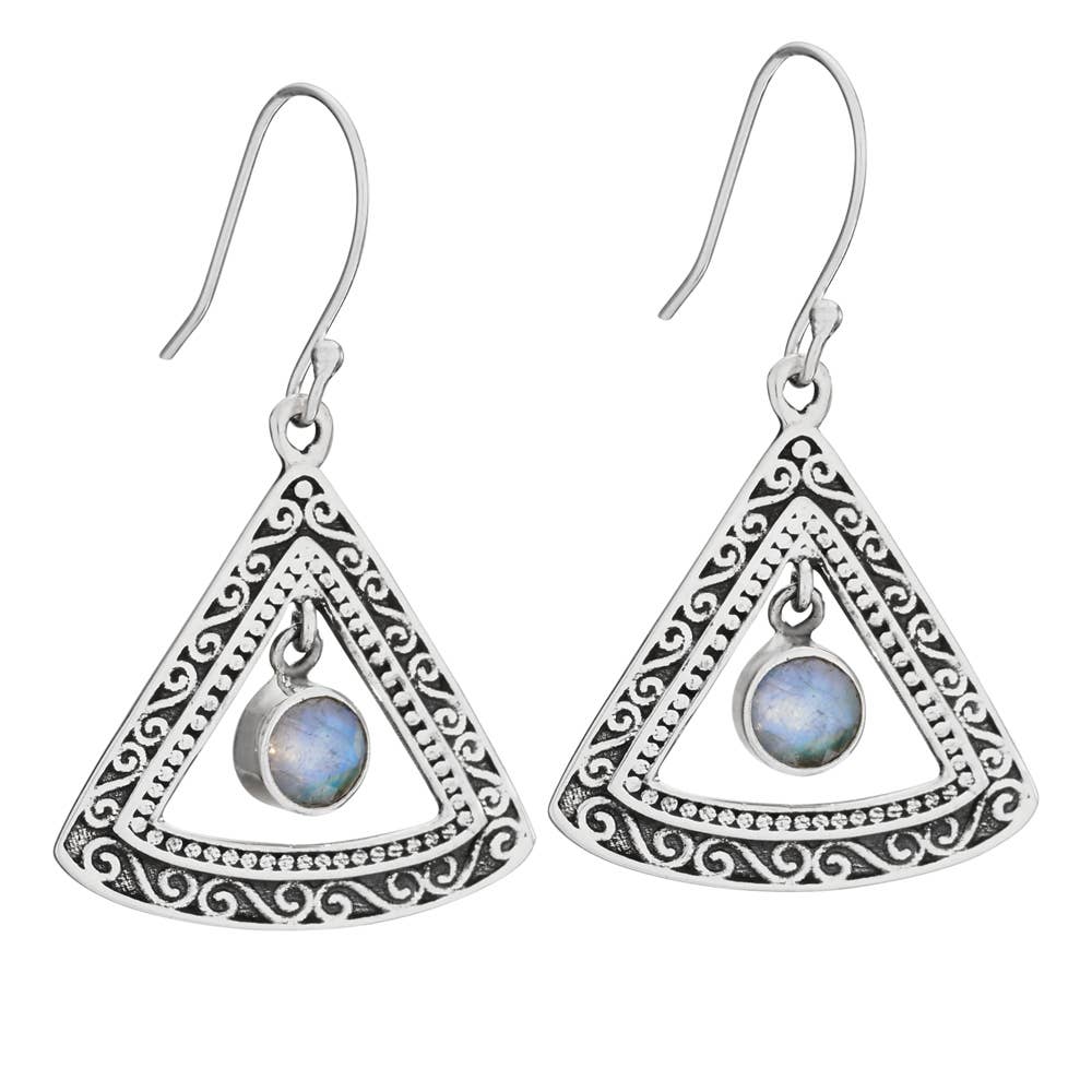Triangular sterling silver earrings with moonstones on a white background