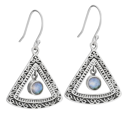 Triangular sterling silver earrings with moonstones on a white background