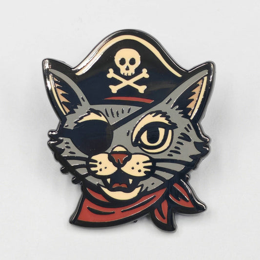 Pirate-themed cat pin with skull and crossbones on a white background