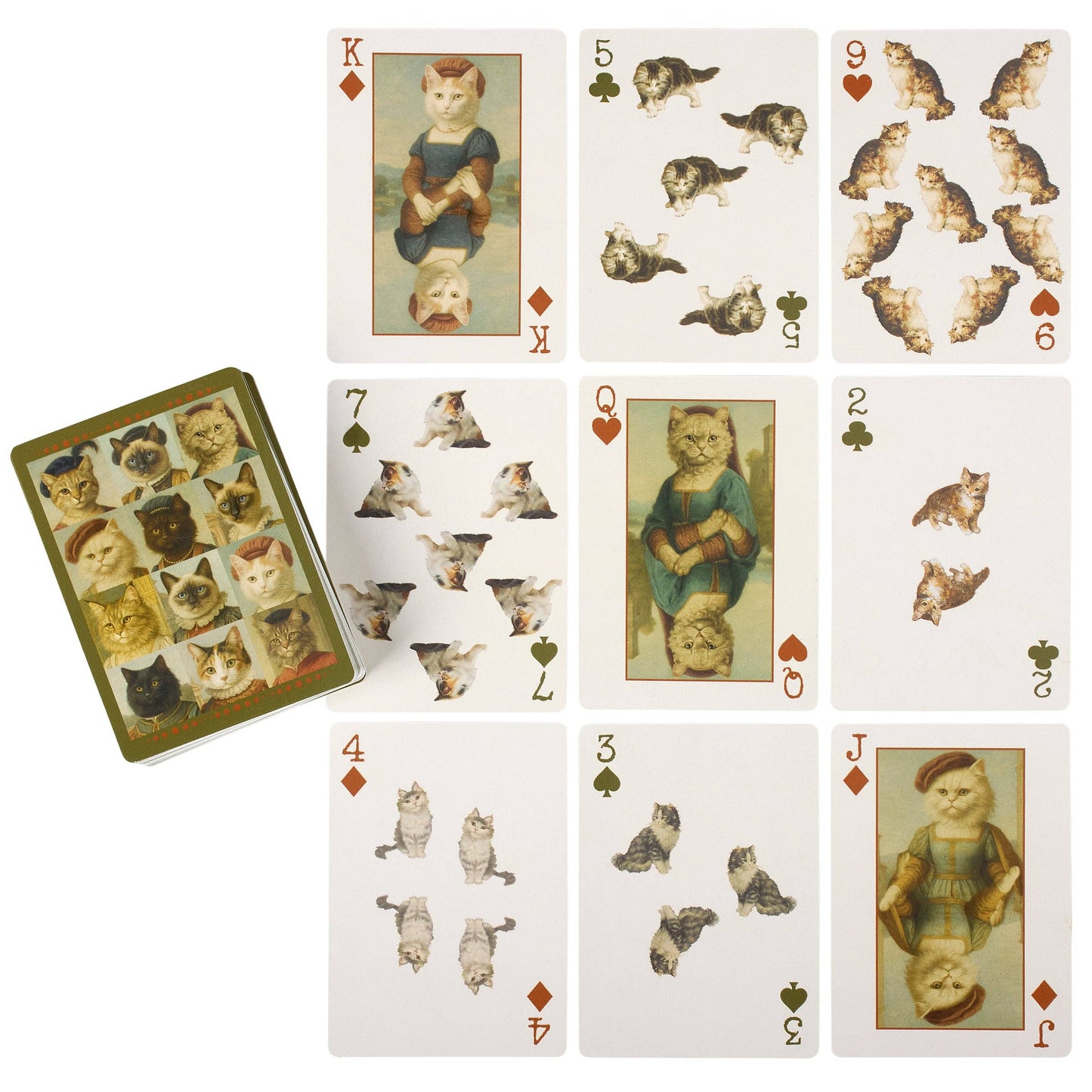 Playing cards with vintage-style illustrations of cats as people on a white background