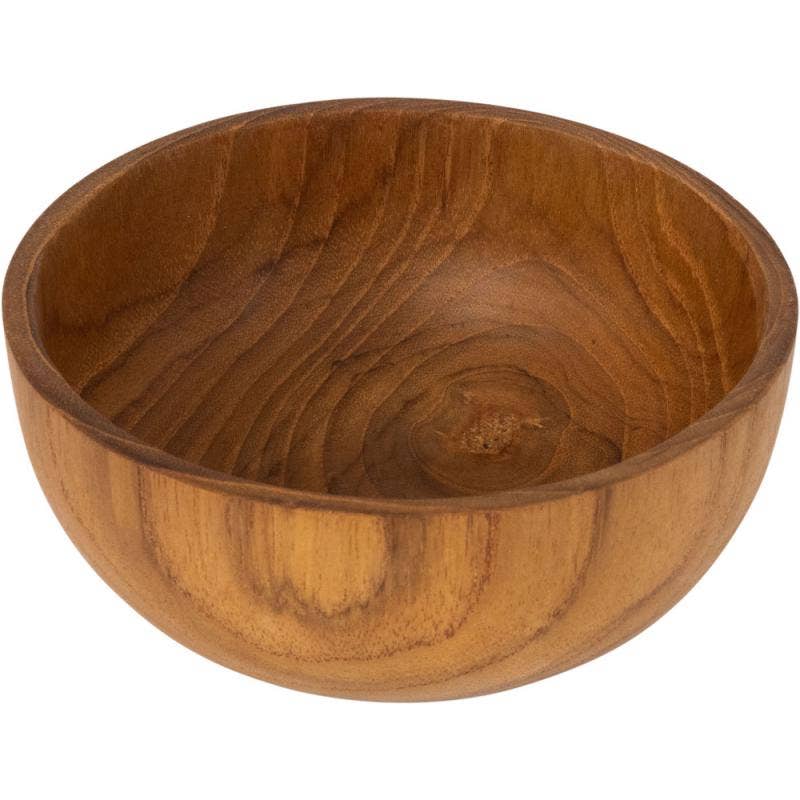 A round teak wooden bowl with a warm medium-brown finish and visible wood grain patterns, shown on a plain white background.