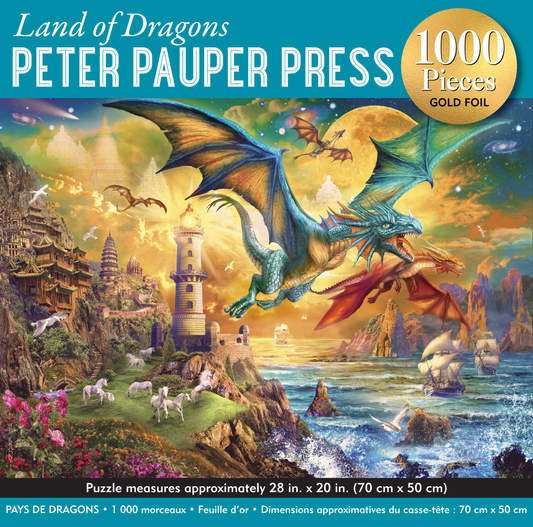 1000 piece Jigsaw puzzle packaging with dragons and a lighthouse on a blue background.