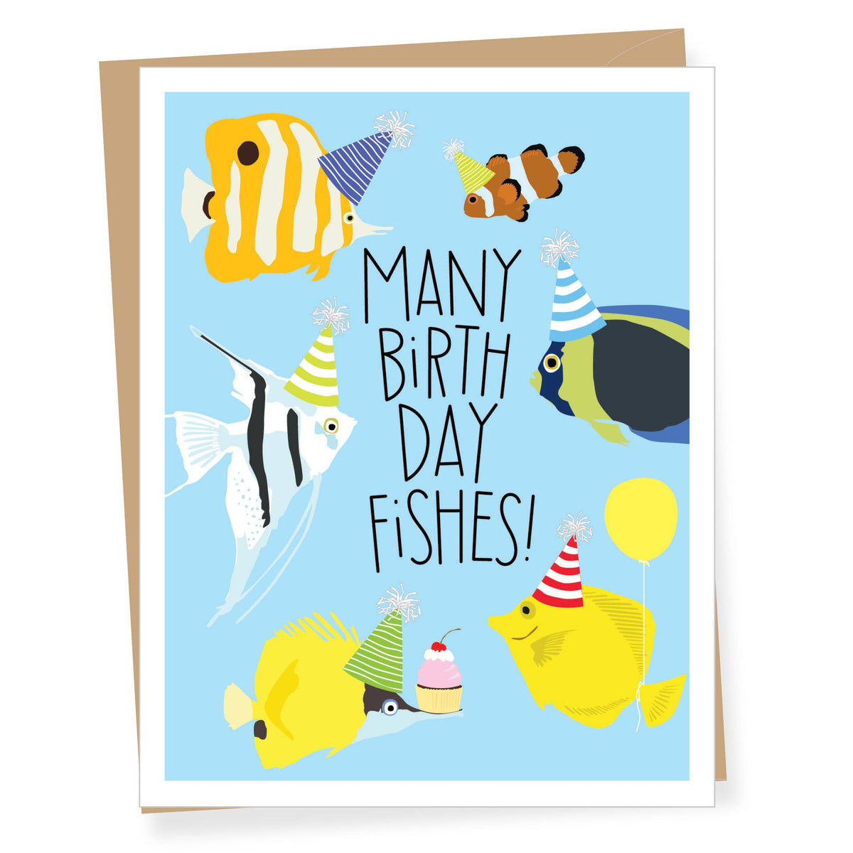 A square birthday card with a light blue background and illustrated tropical fish wearing party hats, with the text 'MANY BIRTH DAY FISHERS!' in black. A tan envelope is partially visible behind the card.