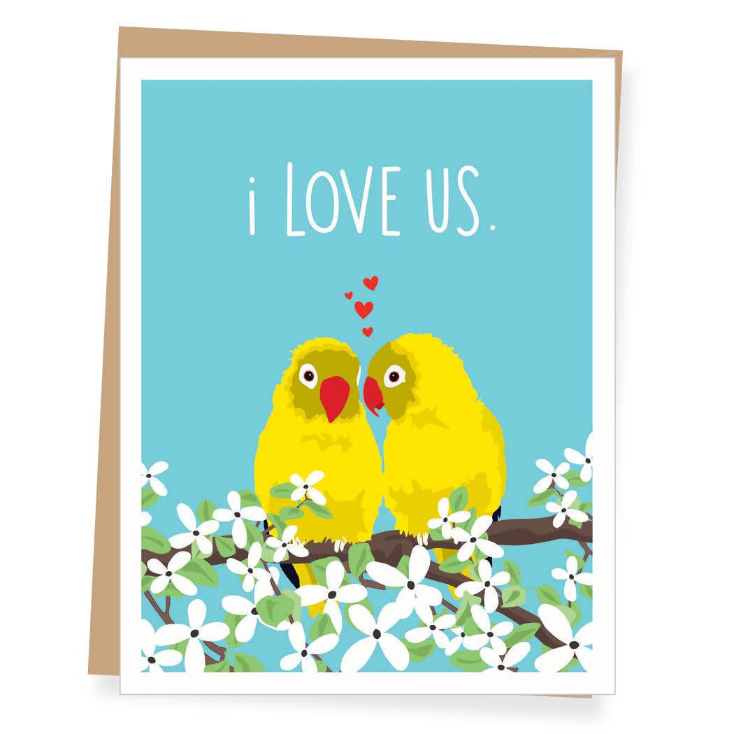 Greeting card with two yellow birds on a branch and 'i LOVE US' text on a blue background.