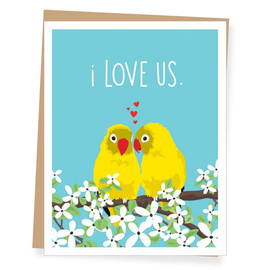 Greeting card with two yellow birds on a branch and 'i LOVE US' text on a blue background.