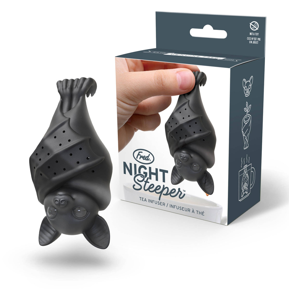 Black bat-shaped tea infuser with packaging displaying a hand holding the product.