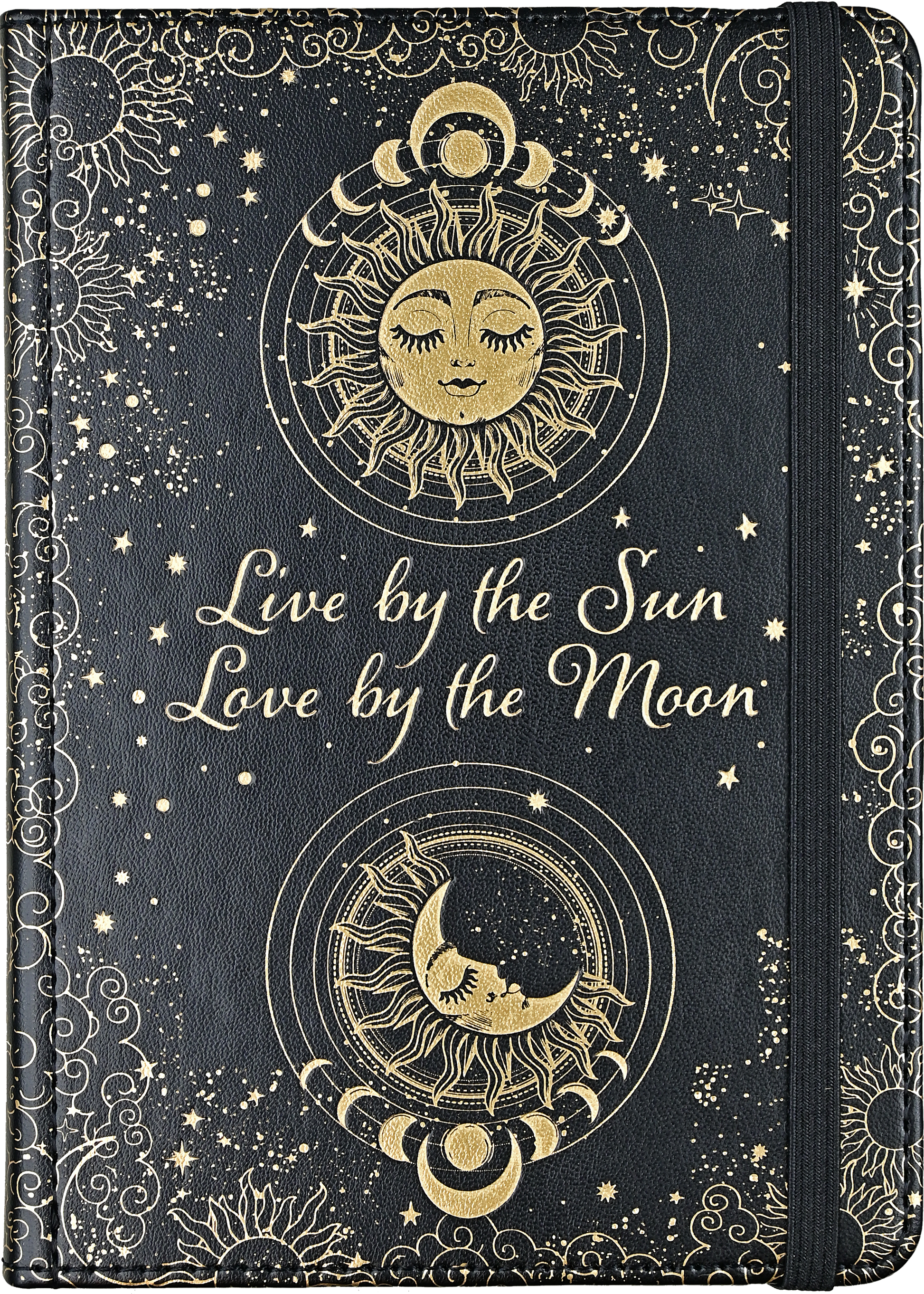 Decorative journal with sun and moon design and text 'Live by the Sun, Love by the Moon' on a black background.