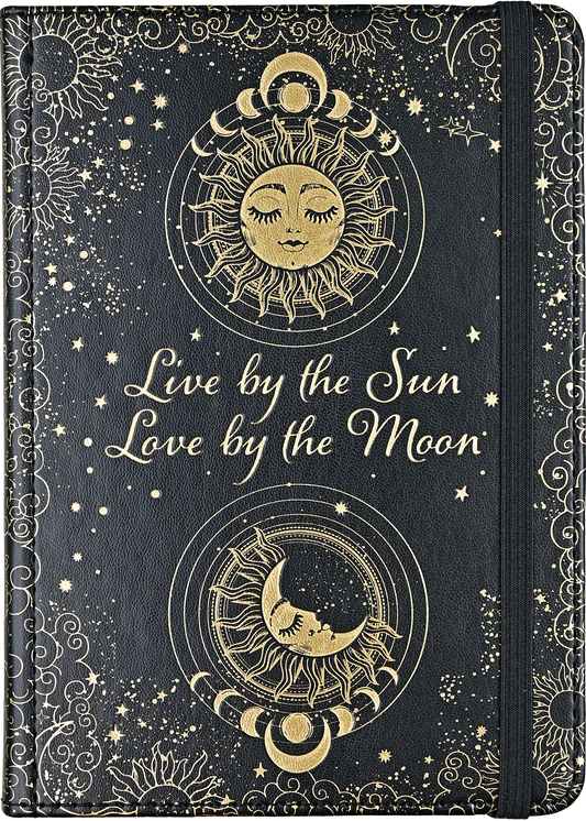 Decorative journal with sun and moon design and text 'Live by the Sun, Love by the Moon' on a black background.