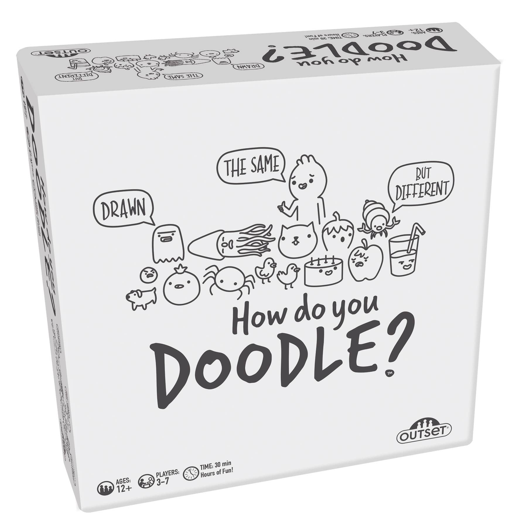 White game box with black doodle illustrations and title 'How do you Doodle?' on a white background