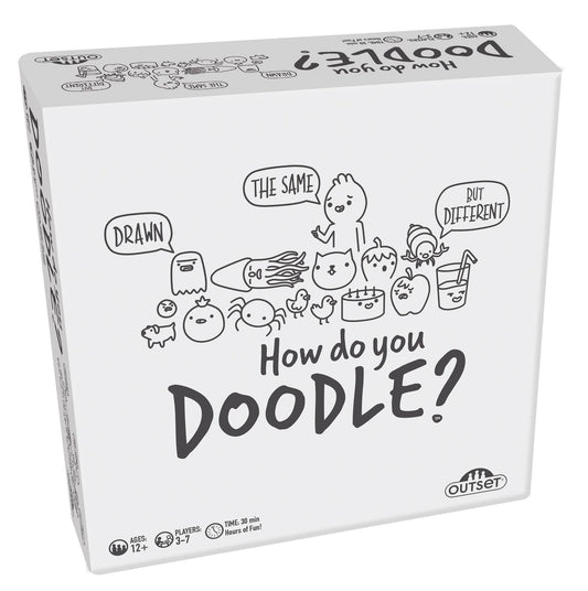 White game box with black doodle illustrations and title 'How do you Doodle?' on a white background