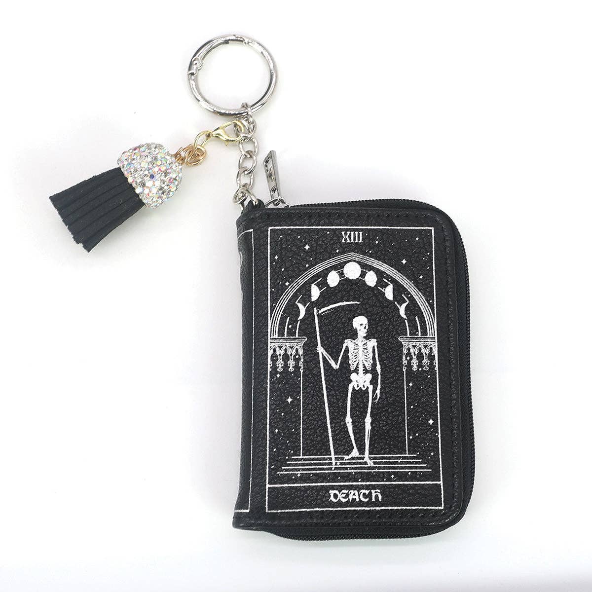 Keychain with a skeleton tarot card design on a zippered black coin purse featuring a skeleton and 'Death' card on a white background.