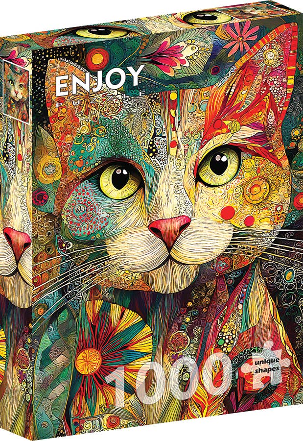 Colorful puzzle box with a cat illustration and 'Enjoy' text