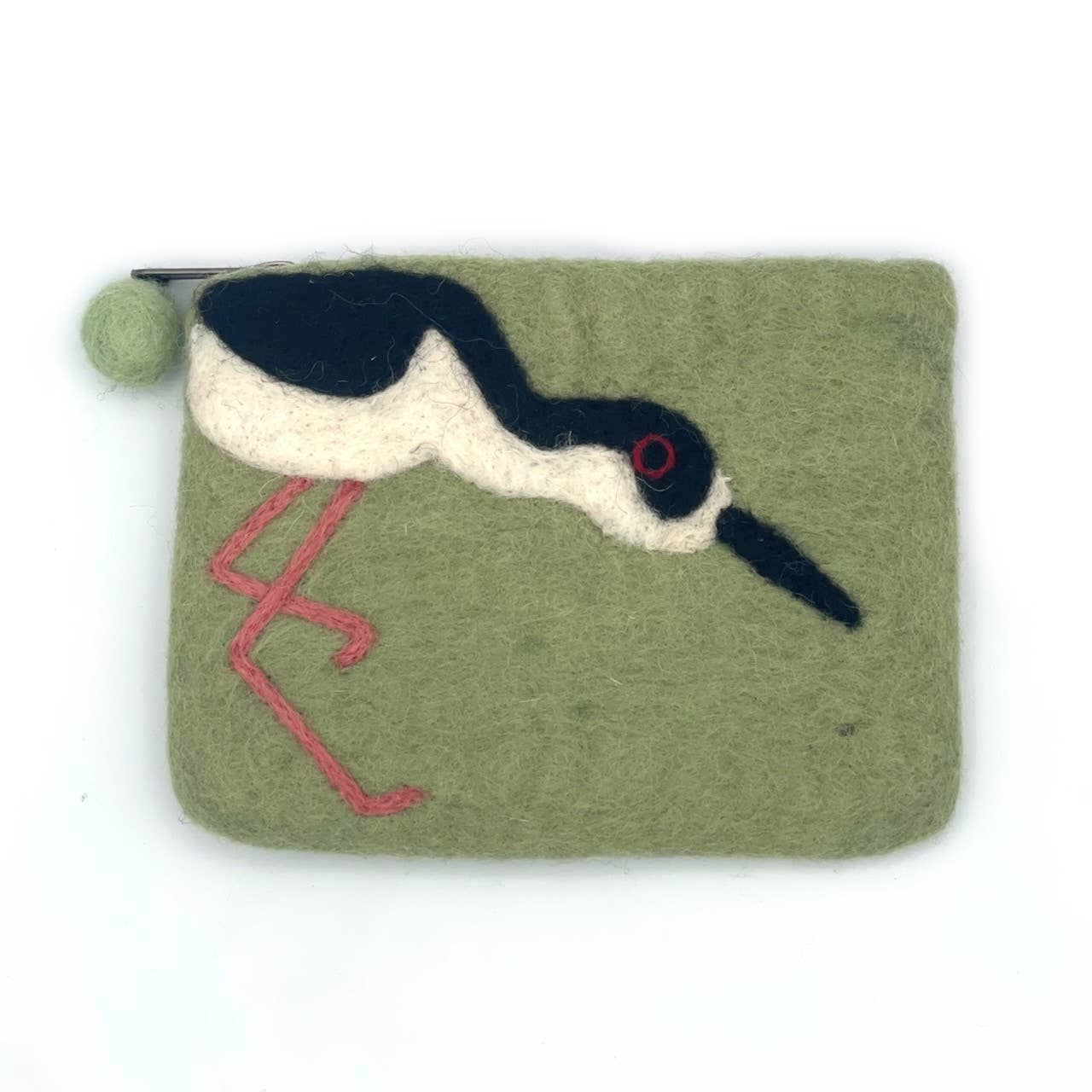 Small felt zipper pouch with a bird design on a green background