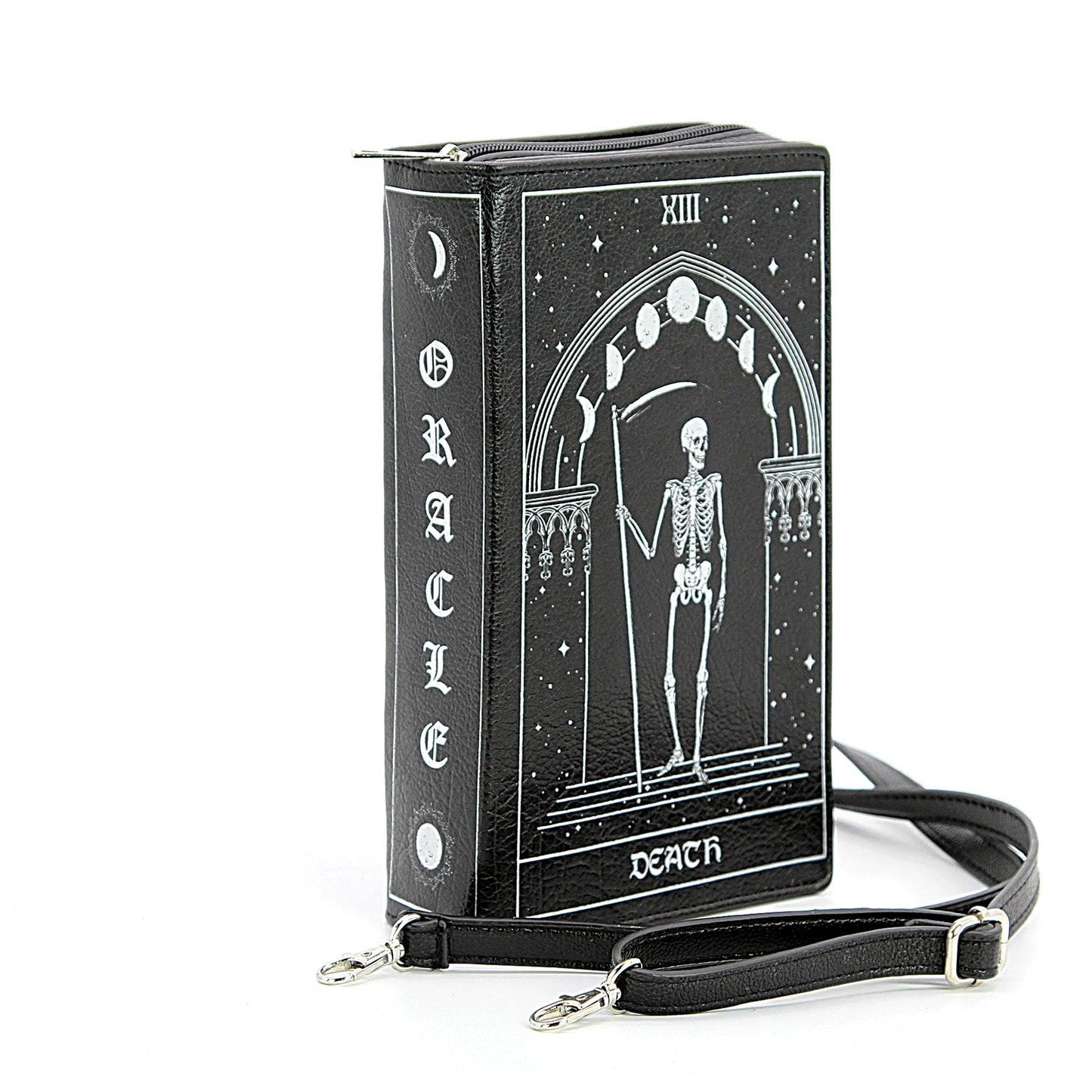 Black and white tarot card-style bag with skeleton design and 'Oracle Death' text on a white background