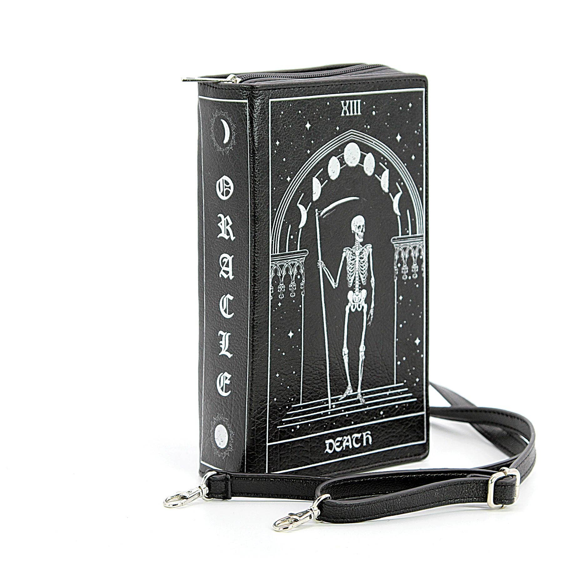 Black and white tarot card-style bag with skeleton design and 'Oracle Death' text on a white background