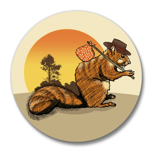 magnetic bottle opener with Illustration of a squirrel with a hat on a sunset background