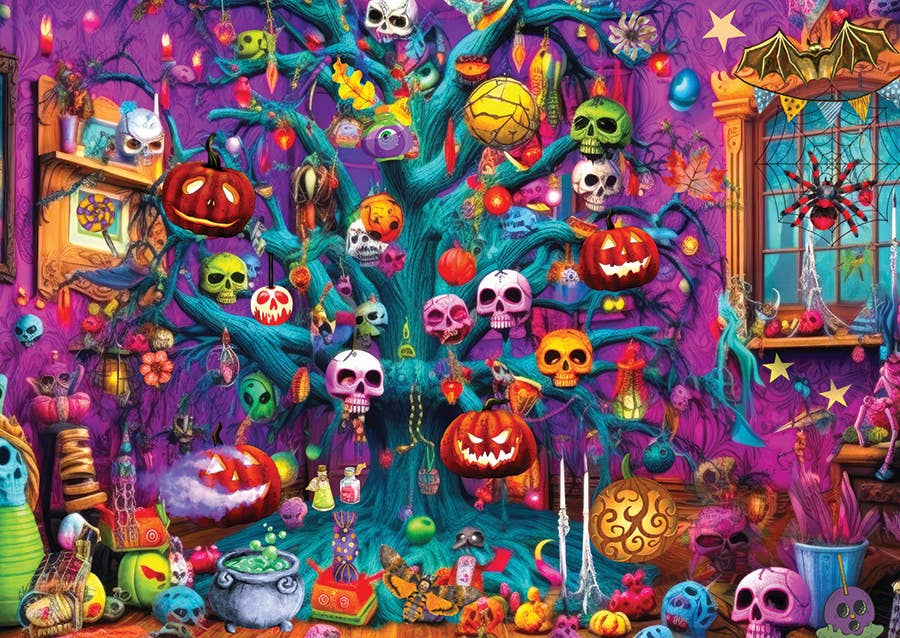 A highly detailed, vibrant Halloween-themed illustration featuring a magical tree decorated with skulls, pumpkins, spiders, cauldrons, candles, and bats in a rich purple and teal color palette.