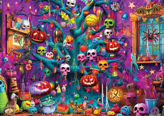A highly detailed, vibrant Halloween-themed illustration featuring a magical tree decorated with skulls, pumpkins, spiders, cauldrons, candles, and bats in a rich purple and teal color palette.
