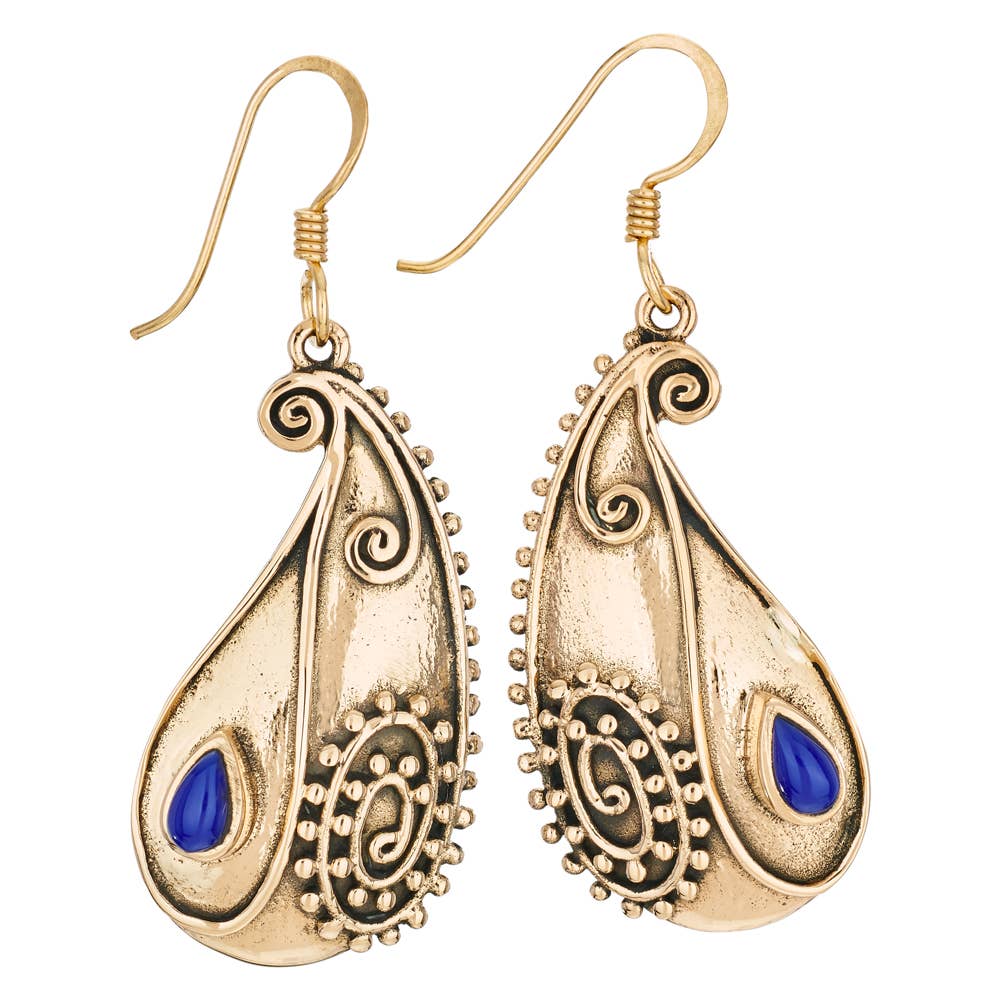 Bronze teardrop earrings with blue stones on a white background