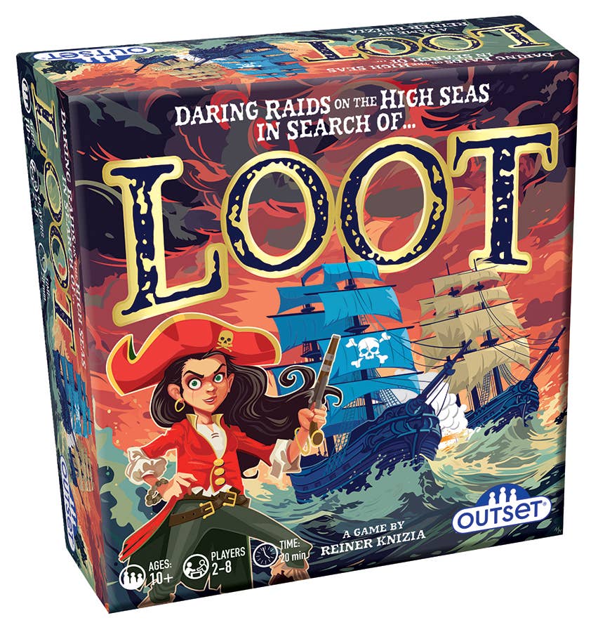 Board game box for LOOT: Daring Raids on the High Seas, featuring pirate artwork with a red ship, blue sails, and large distressed gold-and-black title text. Visible brand: Outset.