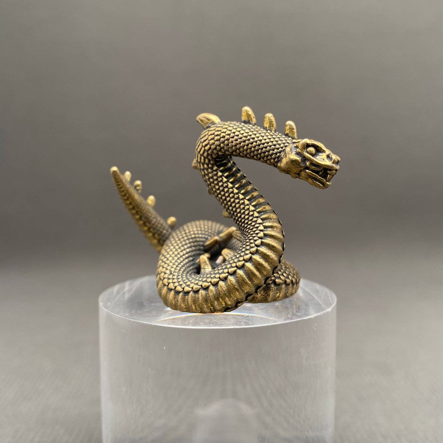 Brass snake figurine on a clear stand against a gray background