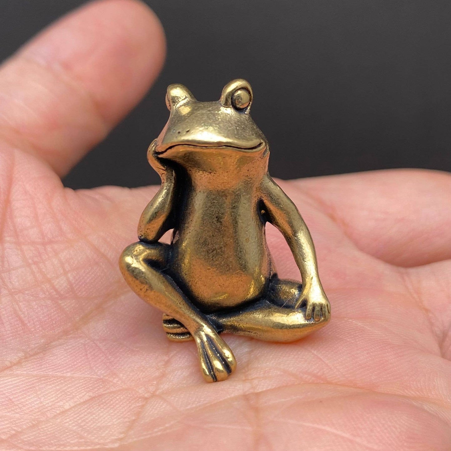 Brass figurine frog held in a hand against a dark background