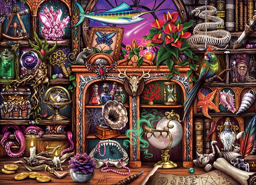 Colorful Puzzle with a detailed illustration of a magical cabinet with various mystical objects.