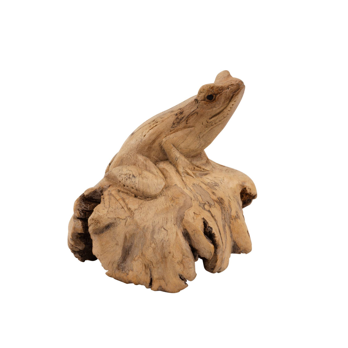 Wooden frog sculpture on a white background